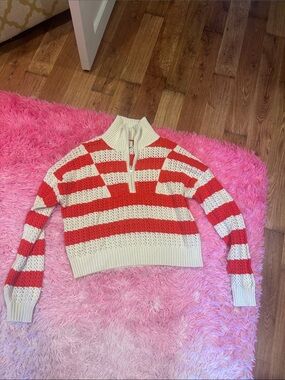 a new day Red & Cream Striped Half-Zip Turtleneck Sweater